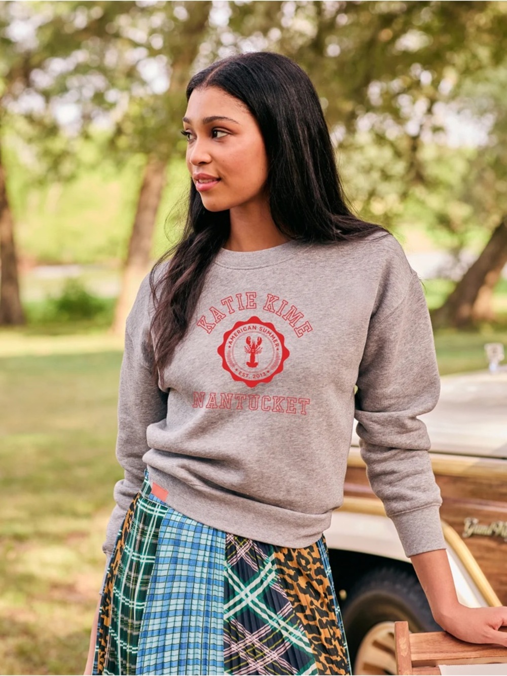 Katie Kime Nantucket Story Crew Gray Red Sweatshirt Medium Nautical NEW